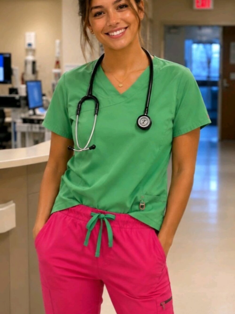 Carhartt Force Nurse Doctor Medical Scrubs pink green Drawstring pockets Pants